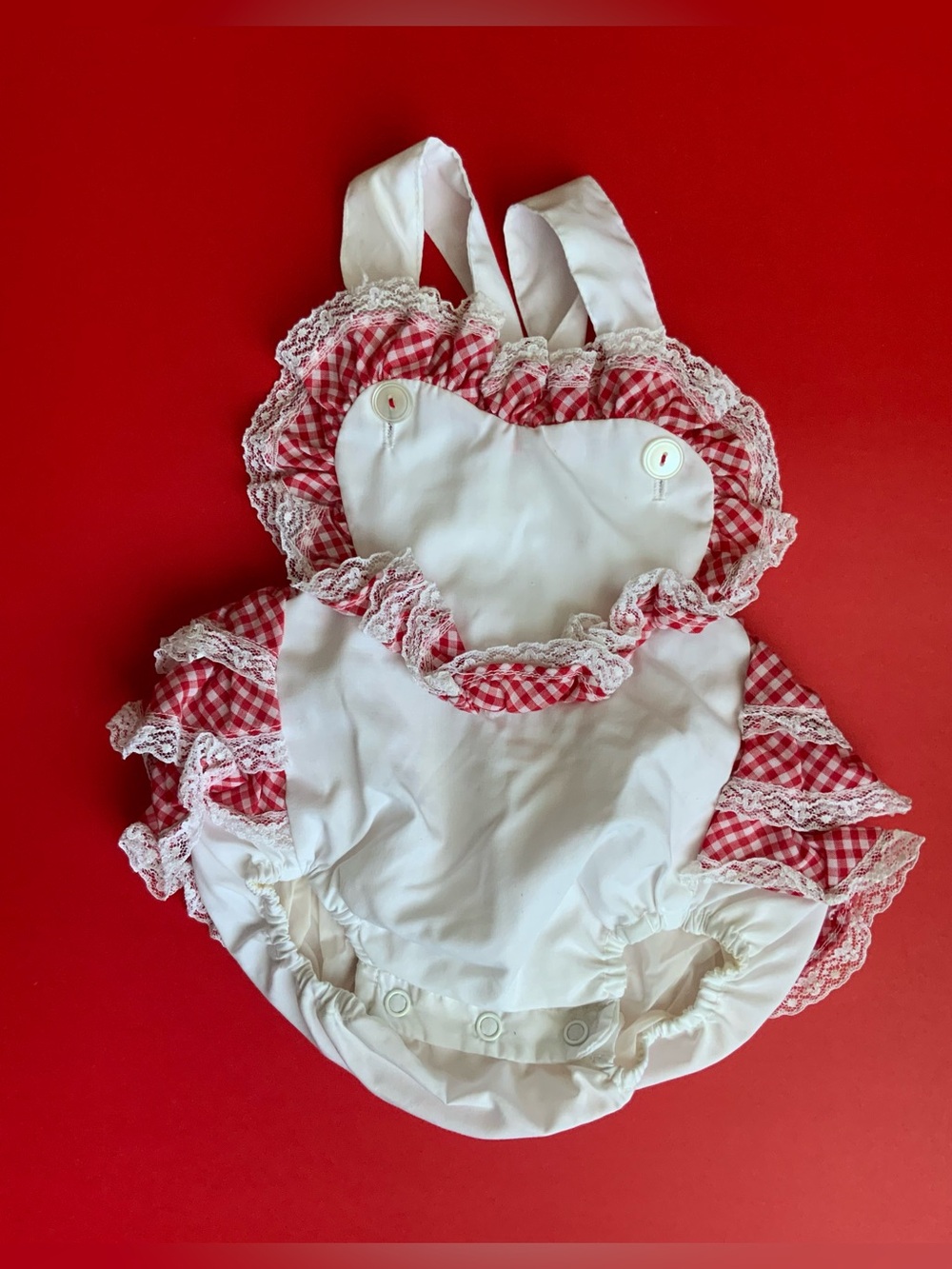 Vintage 70s White & Red Gingham Lace Ruffle Baby Romper